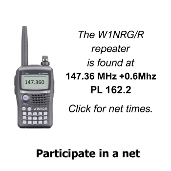 The W1NRG repeater is found at 147.36 MHz plus 0.6 MHz with PL 162.2. Participate in a net